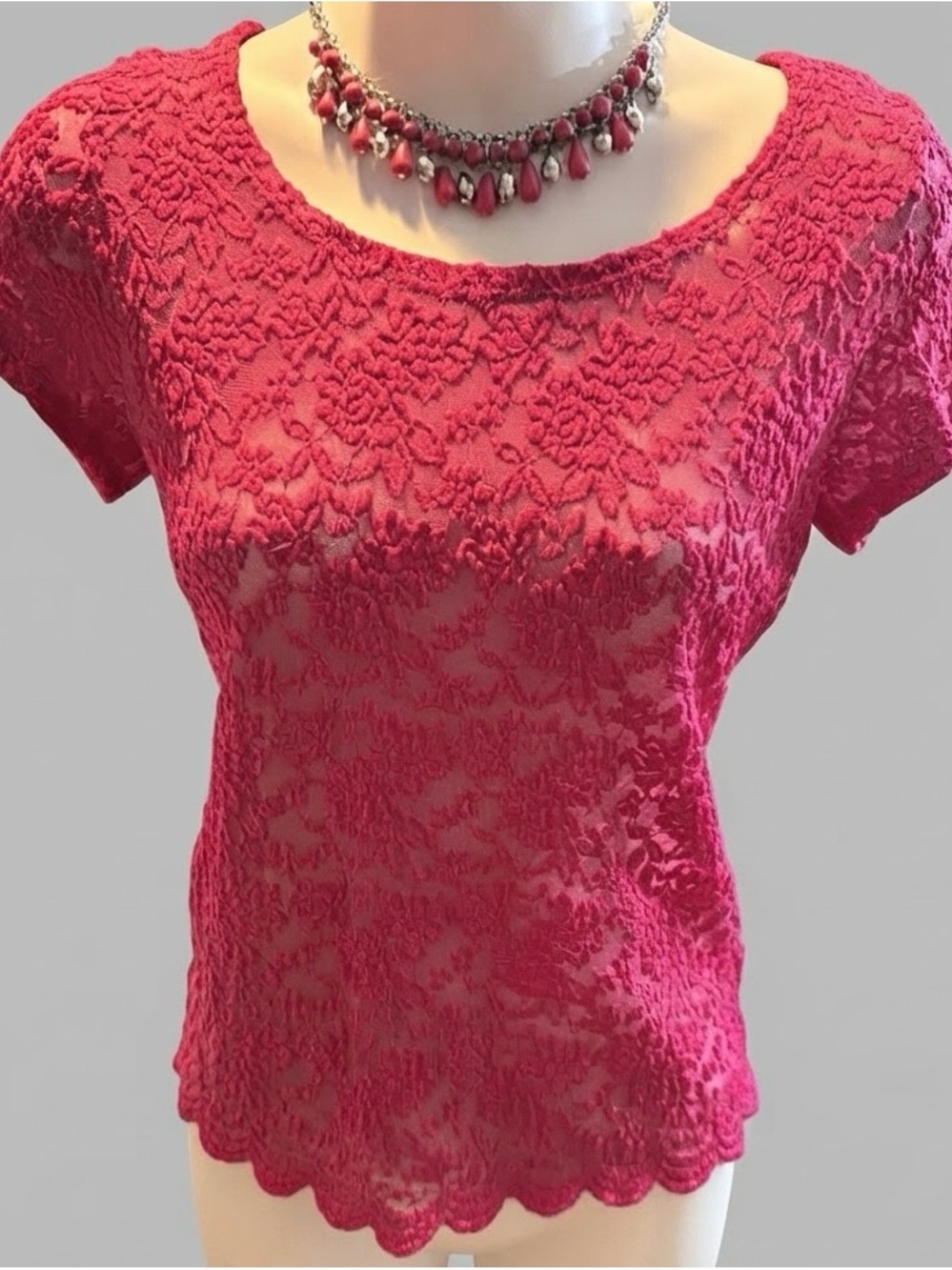h.i.p. Hot Pink Floral Lace Short Sleeve Blouse